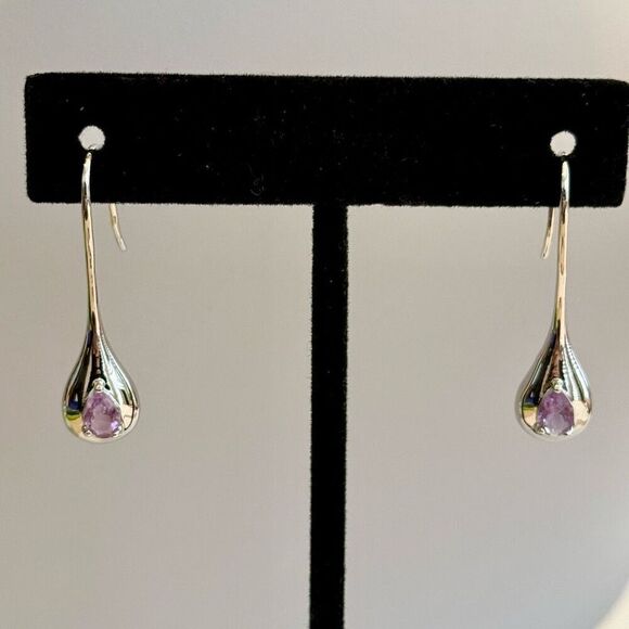 Sterling Silver Amethyst Teardrop Drop Earrings New - Picture 4 of 5